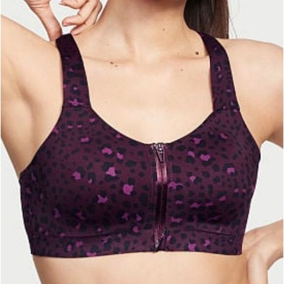 Victoria Secret on point Sweat Knockout sports bra 38DD leopard print maroon red - Picture 1 of 8